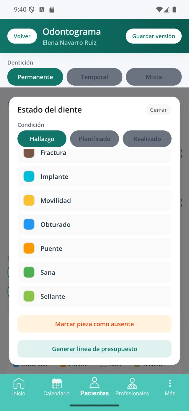 Hoja de estado del diente con el botón Generar línea de presupuesto