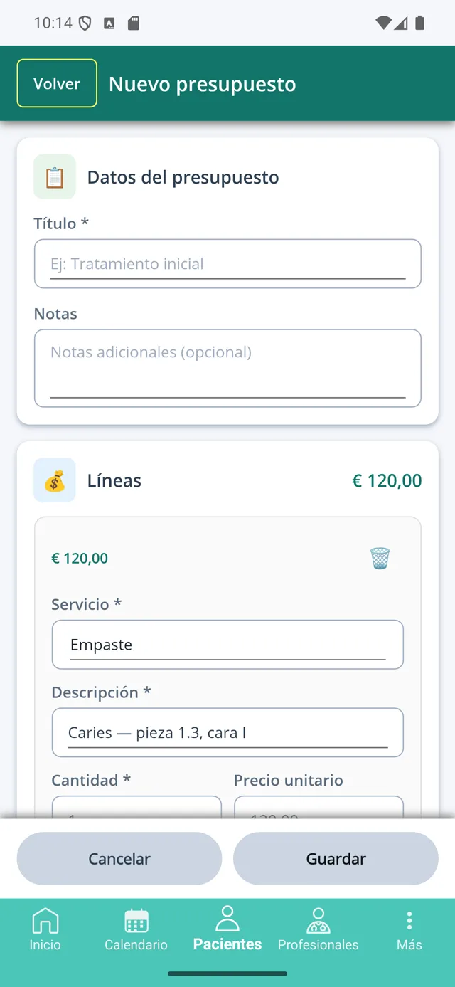 Línea de presupuesto con el servicio, el precio y la pieza dental ya rellenados