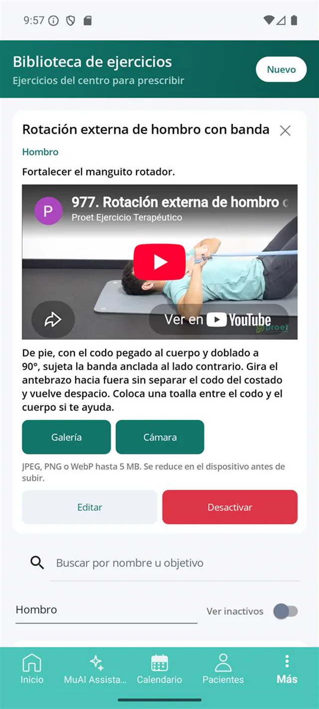 Detalle de un ejercicio con el vídeo de YouTube embebido