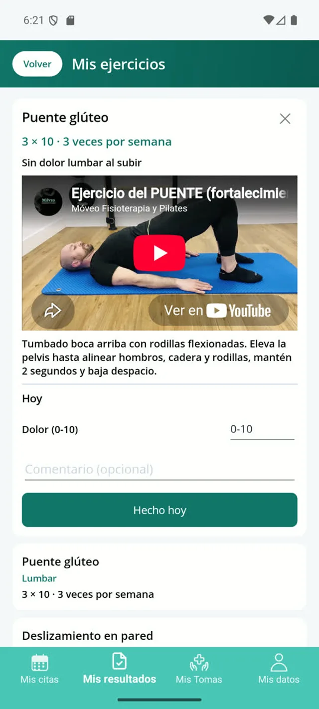Su ejercicio, con vídeo y el registro de hoy